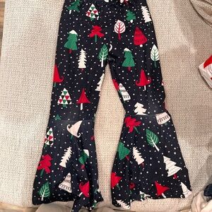 Festive Black Flared Pants with Christmas Tree Print